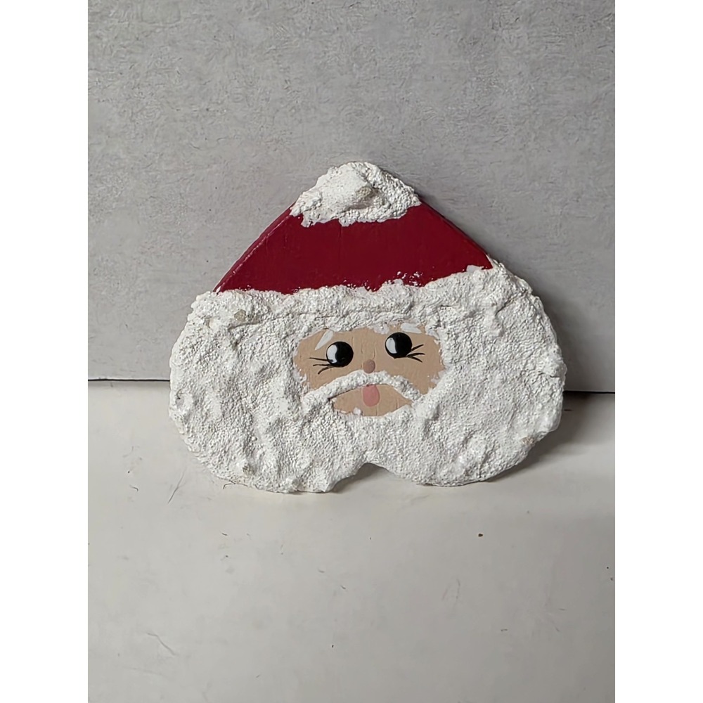Hand Painted Heart Shaped Santa Wooden Rustic Christmas Brooch/pin Signed